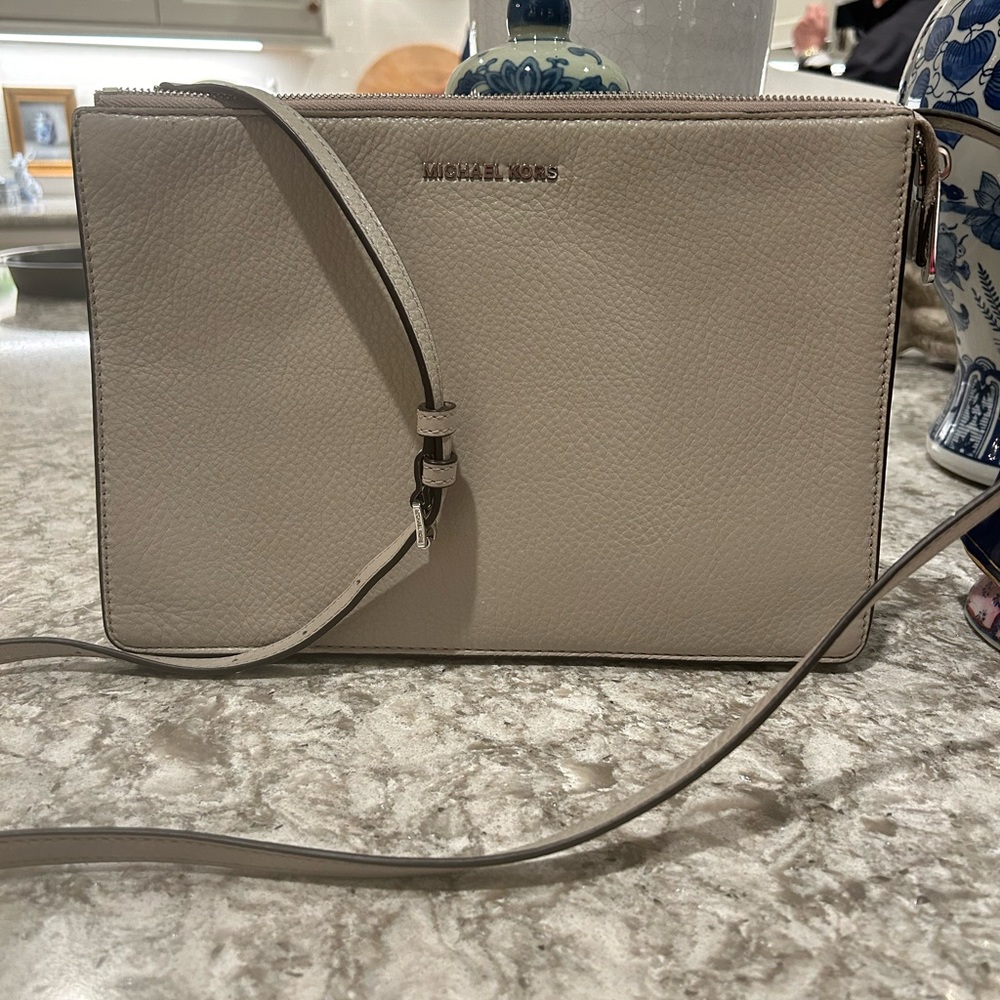Gray Michael Kors Leather Envelope Clutch; detachable strap